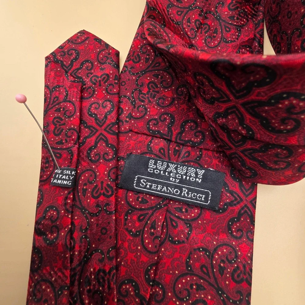 Stefano Ricci Luxury Collection Silk Tie Red Black Paisley Medallion Italy Mens